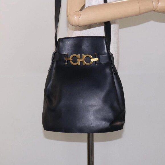 Salvatore Ferragamo Gancini Shoulder Bag Leather Black Gold Auth - Picture 1 of 15